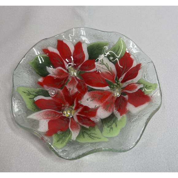 Signed Fused Glass Poinsettia Plate Handcrafted Holiday Art Dish Decor Christmas - Picture 1 of 11